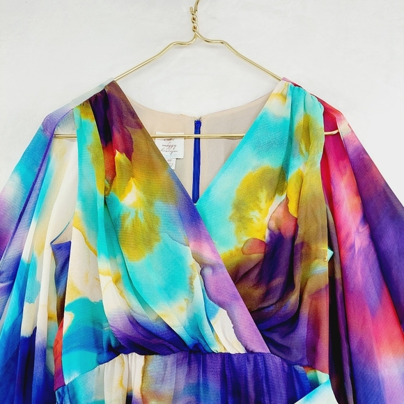 Suzi Chin Watercolor Abstract Chiffon Layer Open Sleeve Knee Length Dress P6702 - Picture 3 of 10